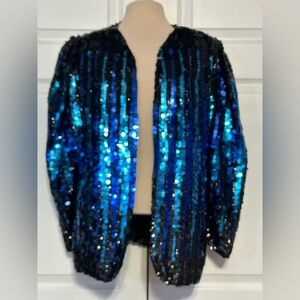Vtg Multicolor Blue‎ Sequin Open Jacket Shiny Disco Glam Rock Statement Formal